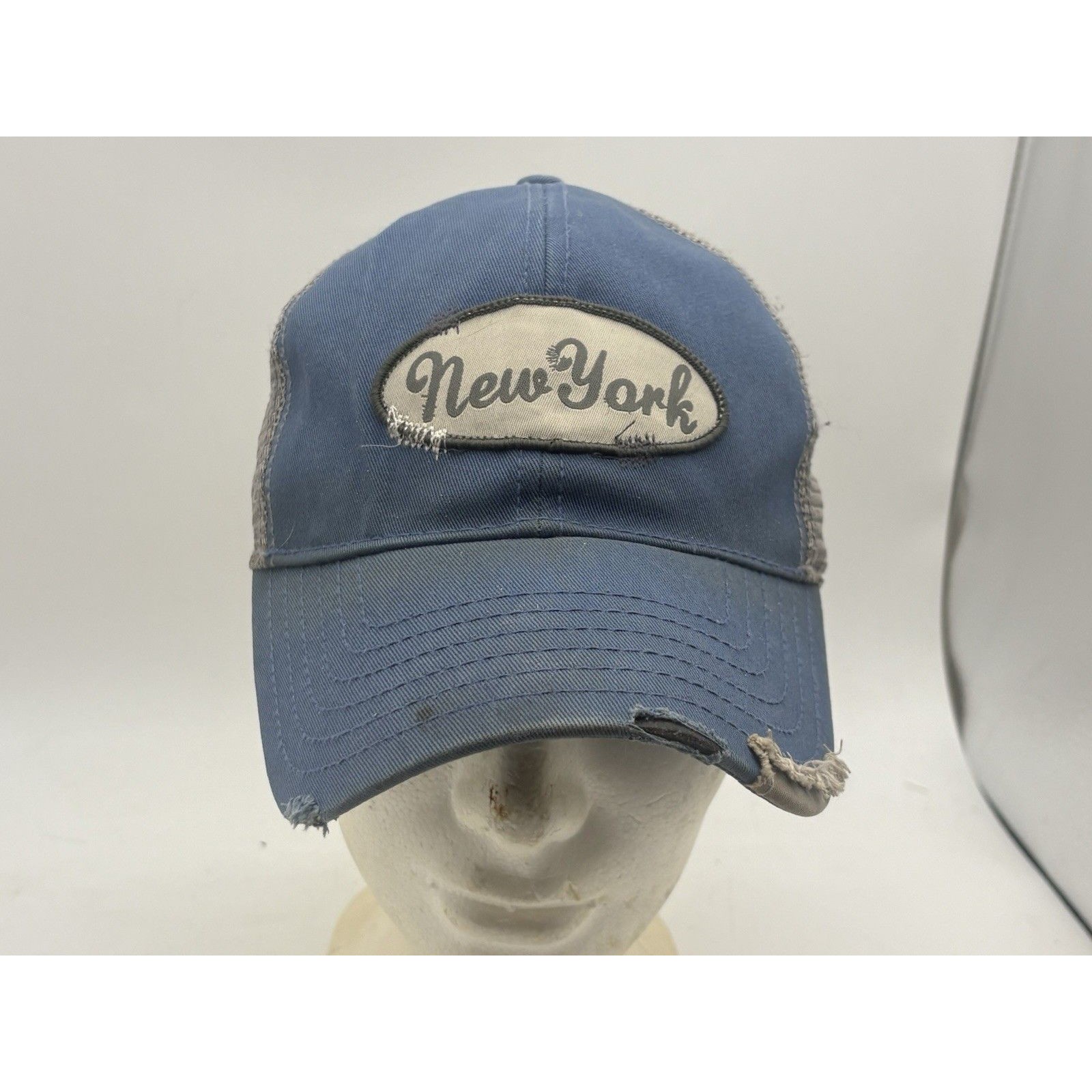New York Trucker Hat Distressed Blue Gray Snapback Mesh Cap